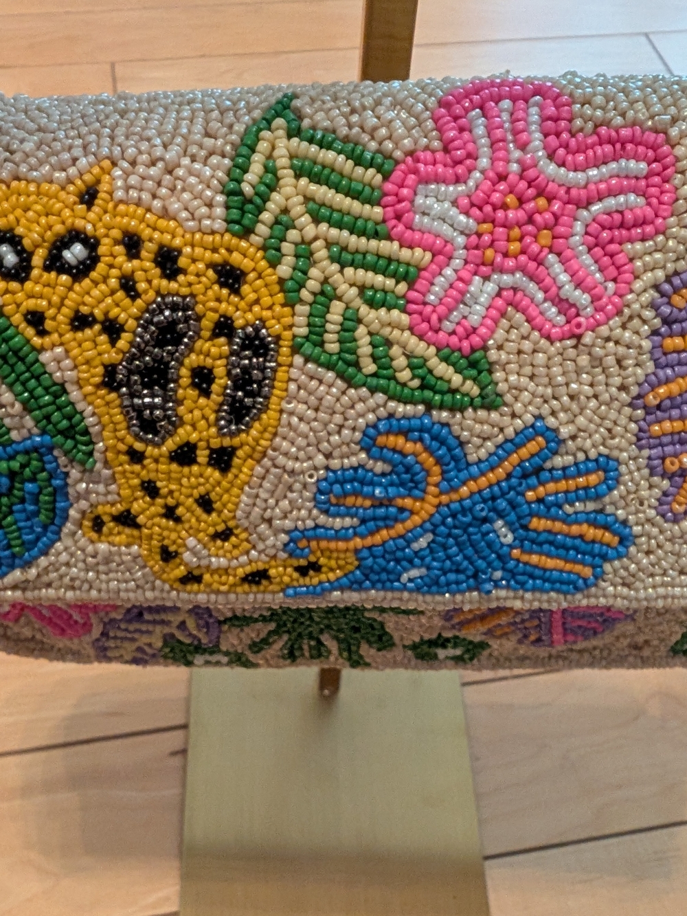 Beaded Tropical Motif Shoulder Bag - Neutral with Multicolor Accents - Picture 3 of 8
